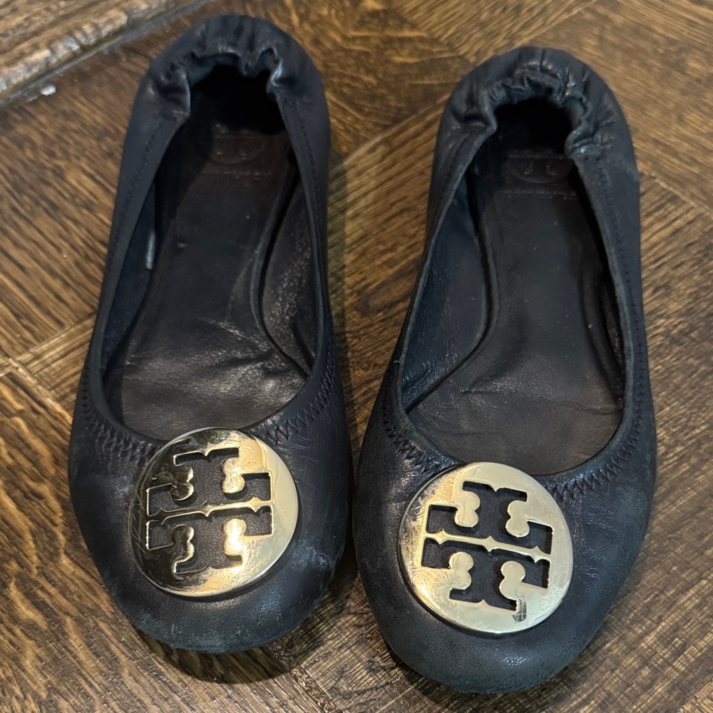 Tory Burch Black Flats with Gold Emblem